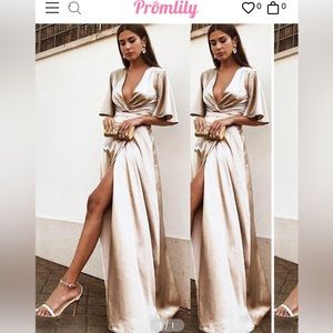 Sheath floor length satin champagne dress. Never used, NEW.